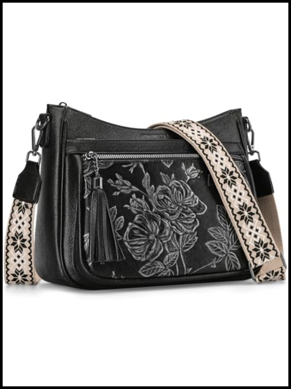 Vegan Leather Crossbody Bag Medium Boho Purse Floral Embossed